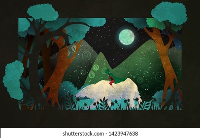 Girl Riding On The Polar Bear In Front Of Forest, Mountains And Night Sky. Fairy Tale Illustration