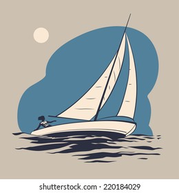 Girl Riding On A Sailing Boat On The Sea Waves Vector Illustration