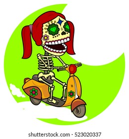 Girl riding on a scooter. Vector flat and linear Illustration of skeleton. Web banners, advertisements, brochures, business templates. Isolated on a white background.