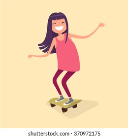 Girl riding on a skateboard Vector illustration in a flat design