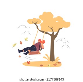 Girl riding on swing in autumn park. Young woman enjoy spending time outdoors in forest with yellow trees covered with fall leaves. Autumnal season leisure concept. Cartoon flat vector illustration