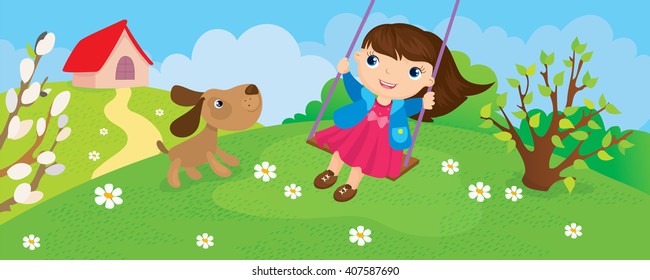 Girl Riding On Swing In Spring