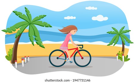 Girl riding in park. Woman rides bicycle on coast road. Female character doing sports outdoors