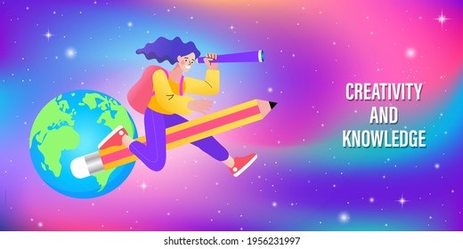 A girl riding a pencil flying out of the world. Creative study skill concept. back to school, designed in flat style. Vector Illustration.