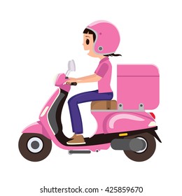 A girl riding a pink delivery scooter