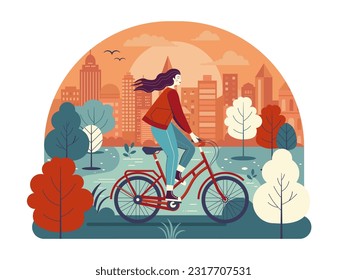 Girl riding red bicycle on city park with pond on downtown background. Woman driving vintage bike at evening city street with skyscrapers. Female exploring public green spaces on urban cityscape. svg