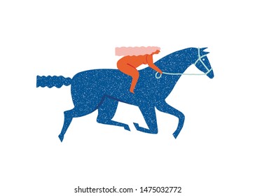 Girl riding a red horse funny illustration in vector. Women feminism power concept.