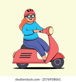 Girl riding red scooter cartoon