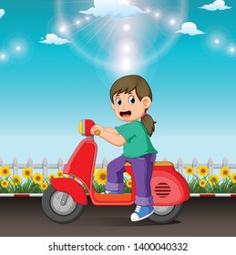 the girl is riding the red scooter on the road in the day