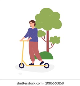Girl riding a rental electric scooter in park. Latest generation personal ground transportation flat vector illustration