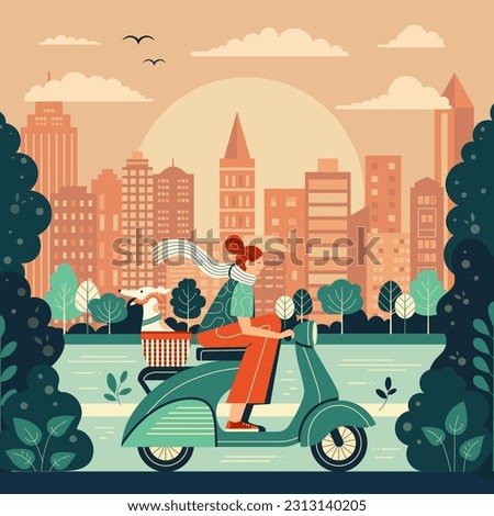 Girl riding retro green scooter with excited Italian greyhound in basket. Woman driving vintage motorbike with dog in pet carrier. Female exploring city park along river with cityscape on background.