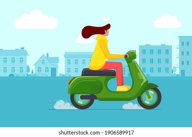 Girl riding retro style scooter on city road. Young woman drives green moped on street. Female vintage motorcycle driver. Hipster on bike life in motion lifestyle vector eps illustration