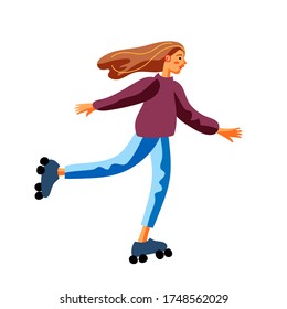 Girl riding roller-skates flat character. Skating young woman color icon isolated on white background. Female holidaymaker vector illustration. Active rest, leisure, relax, sport concept