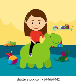 A girl riding a rubber toy surrounded by toys in a kindergarten. Vector illustration