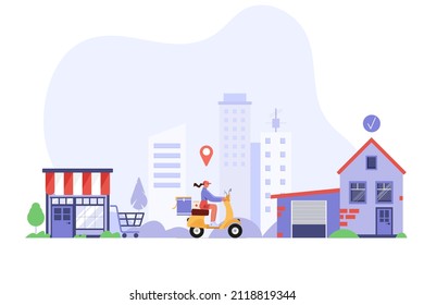 Girl Riding A Scooter In A City Delivering Online Order And Food. Infographic About Delivery Chain From Store To Home. Flat Vector Illustration