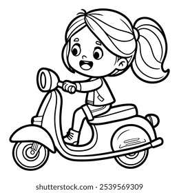 Girl riding a scooter coloring page
