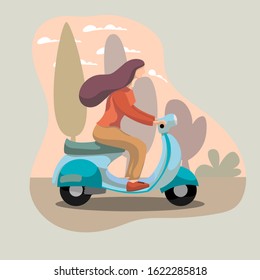 The girl is riding the scooter. Flat design vector illustration.