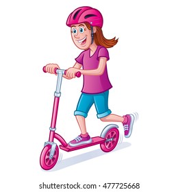 Girl Riding A Scooter with Helmet