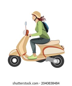 Girl riding scooter with helmet and backpack. City transport, motorcycle, bike, retro vehicle illustration. Colored drawing isolated on white. Urban transportation