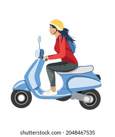 Girl Riding Scooter With Helmet And Backpack. City Transport, Motorcycle, Bike, Retro Vehicle Illustration. Colored Drawing Isolated On White. Urban Transportation