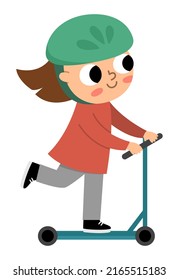 Girl Riding A Scooter In Helmet Icon. Cute Eco Friendly Kid. Child Using Alternative Transport. Earth Day Or Healthy Lifestyle Concept
