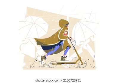 Girl riding scooter under rain vector illustration. Teenager spend time in part in bad weather flat style. Physical activity, hobby concept