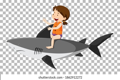 Girl riding shark isolated illustration
