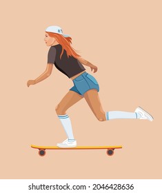 Girl riding skate board. Trendy attractive illustration. Boho style. Young woman in cap, shorts, sneakers with longboard. Teenage skater