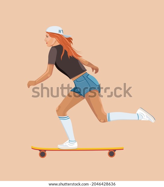 Girl riding skate board. Trendy attractive\
illustration. Boho style. Young woman in cap, shorts, sneakers with\
longboard. Teenage skater