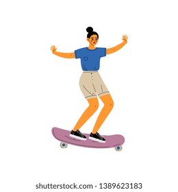 Girl Riding Skateboard, Female Skateboarder Character, Active Healthy Lifestyle Vector Illustration