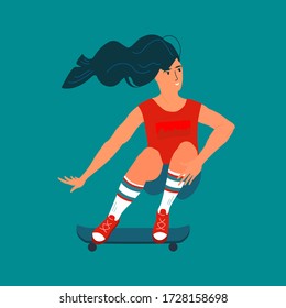 Girl riding skateboard. Long hair young skateboarder girl in male clothes preparing to jump. Isolated flat style vector illustration. Card, poster or web design element.