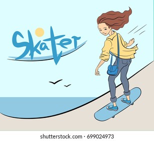 girl riding a skateboard near the sea