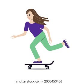 Girl riding skateboard vector illustration. Young woman on a longboard. Female skateboarder drawing.