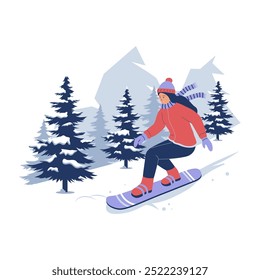 Chica montando snowboard concepto de cuesta abajo. Ilustración para Sitios web, landing pages, aplicaciones móviles, pósters y Anuncios. Ilustración vectorial plana de moda