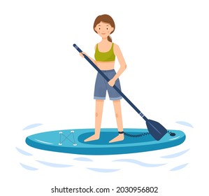 The girl is riding a sup board. A woman stands on a paddle board and holds a paddle in her hands. Vector flat illustration.