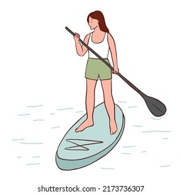 The girl is riding a sup board. A woman stands on a paddle board and holds a paddle in her hands. Vector hand drawn illustration.