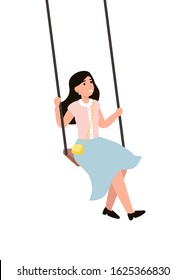 Girl riding a swing. Flat vector cartoon illustration isolated white background.