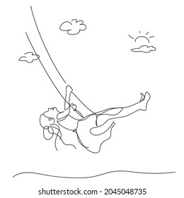 A girl riding a swing. Happy girl. Vector line art illustration. Trendy black and white drawing