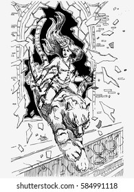Girl riding a tiger. Hand drawn illustration. Can be used  for print on T-shirts and bags or book illustration. Vector