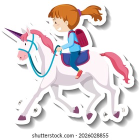 A girl riding unicorn cartoon sticker illustration
