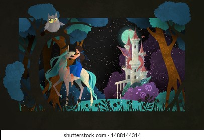 Girl riding a unicorn in front of night sky and castle