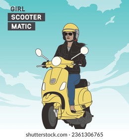 Niña montada en Vespa, ilustración dibujada a mano, para estampado de camisetas, afiche y ETC. Formato de vector 