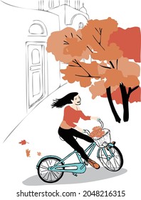 girl riding vintage bicycle, orange flowers in the basket, on  the autumn street, maple trees aside, a church in the background, wearing orange top, black tight and orange boots, happily, hair flies. 