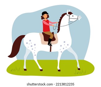 The girl is riding a white horse. The girl learns to ride a horse. Vector hand drawn illustration.