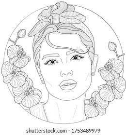 Girl with a rim on her head and orchids around.Coloring book antistress for children and adults. Illustration isolated on white background.Zen-tangle style.Black and white drawing.