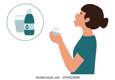 The girl rinses her mouth with an antibacterial mouthwash. Medical vector illustration.