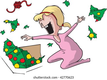 Girl Ripping Open Christmas Gift. Layered Vector File.