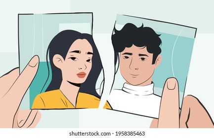 Girl ripping up the photo with her exboyfriend. Emotionally difficult breakup. New stage in life that opens up other opportunities. Pain, guilt, and disappointment at the end of the relationship.