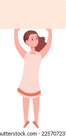 Girl rising blank banner. Child with empty paper isolated on white background
