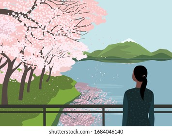 Girl at river bridge enjoy springtime Cherry blossoms flat vector poster. Sakura blossoming on lake water landscape cartoon illustration. Beautiful nature outdoor spring season event banner template